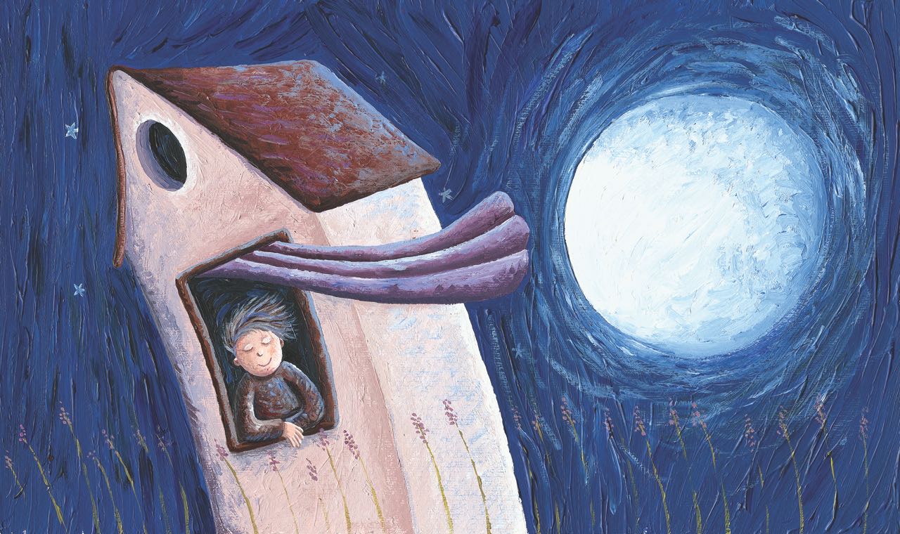 Niño pensativo en una noche de luna llena. Ilustración del libro Amor, de Andrea Petrlik. Editorial Leetra.