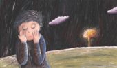 Niño con temor en la noche. Ilustración del libro Amor, de Andrea Petrlik. Editorial Leetra.