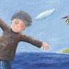 Niño movido por el viento con paloma detrás. Ilustración del libro Amor, de Andrea Petrlik. Editorial Leetra.