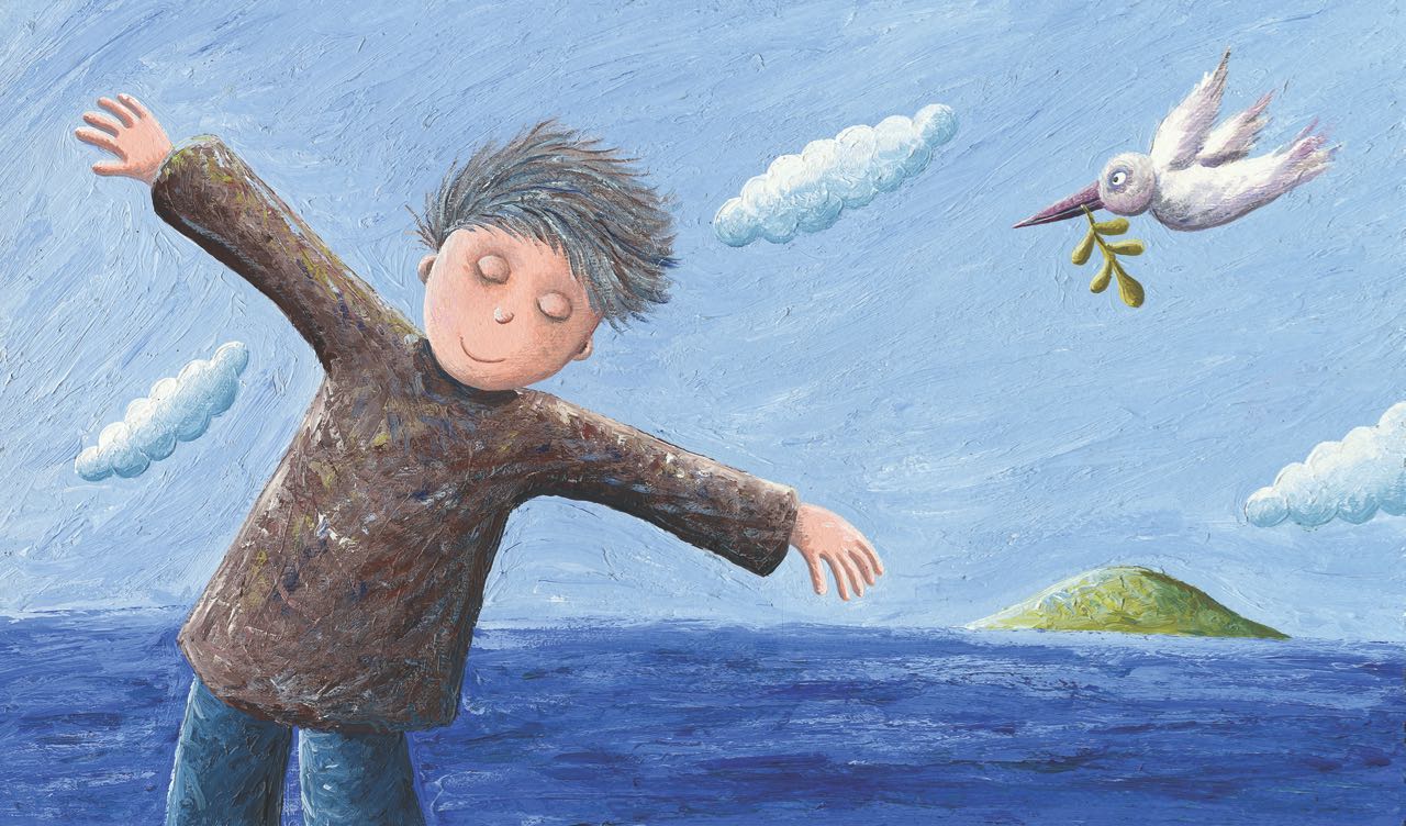 Niño movido por el viento con paloma detrás. Ilustración del libro Amor, de Andrea Petrlik. Editorial Leetra.
