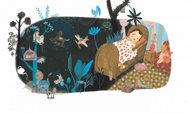 Niña en en su cuarto de noche con un sueño de selva. Ilustración del libro Buenas Noches Monstruo, de Shira Geffen y Natalie Waksman-Shenker. Editorial Leetra.