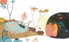 Sueño con animales y un lago. Ilustración del libro Buenas Noches Monstruo, de Shira Geffen y Natalie Waksman-Shenker. Editorial Leetra.