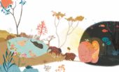 Sueño con animales y un lago. Ilustración del libro Buenas Noches Monstruo, de Shira Geffen y Natalie Waksman-Shenker. Editorial Leetra.