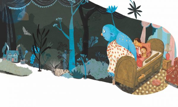 Monstruo a un costado de la cama. Ilustración del libro Buenas Noches Monstruo, de Shira Geffen y Natalie Waksman-Shenker. Editorial Leetra.
