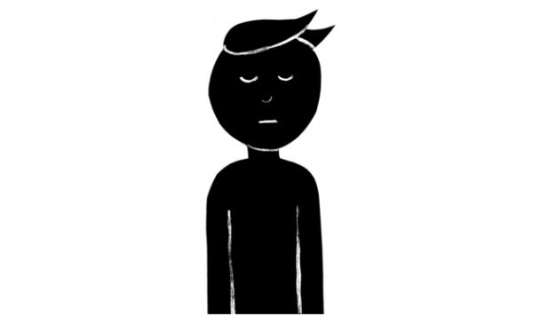 Leopoldo en blanco y negro, triste. Ilustración del libro Casa de Marionetas, de Andrea Petrlik. Editorial Leetra.