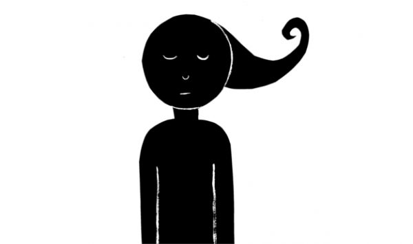 Leopoldina en blanco y negro, triste, con pelo largo. Ilustración del libro Casa de Marionetas, de Andrea Petrlik. Editorial Leetra.