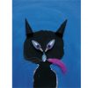 Gato negro con ojos de lámpara con la pluma violeta. Ilustración del libro La Pluma Violeta, de Hanoch Piven. Editorial Leetra.