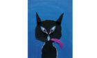 Gato negro con ojos de lámpara con la pluma violeta. Ilustración del libro La Pluma Violeta, de Hanoch Piven. Editorial Leetra.