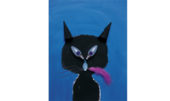Gato negro con ojos de lámpara con la pluma violeta. Ilustración del libro La Pluma Violeta, de Hanoch Piven. Editorial Leetra.