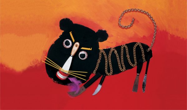 León hecho con las manos de collares y varias cosas. Ilustración del libro La Pluma Violeta, de Hanoch Piven. Editorial Leetra.