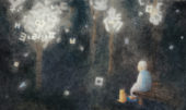 Abuela sentada a un costado de un gato viendo un bosque oscuro de letras. Ilustración del libro Mi abuela me lee libros, de InJa Kim y Jinhee Lee. Editorial Leetra.