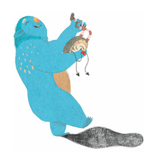 Monstruo azul feliz haciendo música - del libro Buenas Noches Monstruo - Editorial Leetra