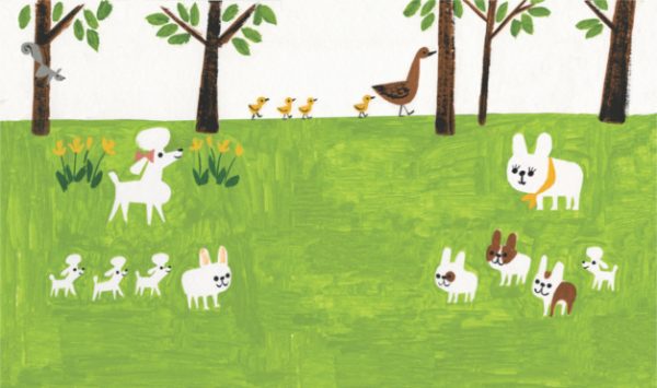Bulldog gastón con poodles en el parque. Ilustración del libro Gastón, de Kelly DiPucchio y Christian Robinson. Editorial Leetra.