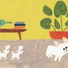 Bulldog gastón jugando con poodles en la casa. Ilustración del libro Gastón, de Kelly DiPucchio y Christian Robinson. Editorial Leetra.