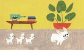 Bulldog gastón jugando con poodles en la casa. Ilustración del libro Gastón, de Kelly DiPucchio y Christian Robinson. Editorial Leetra.