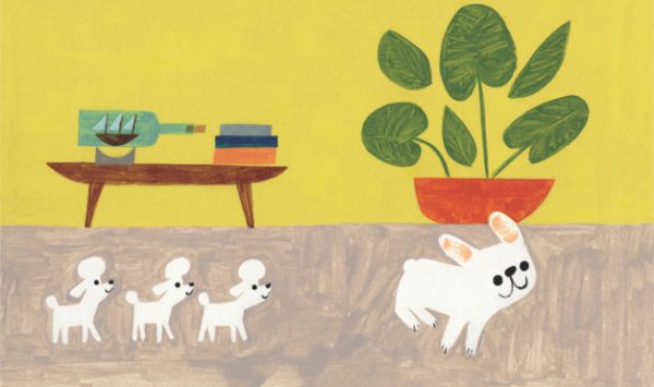 Bulldog gastón jugando con poodles en la casa. Ilustración del libro Gastón, de Kelly DiPucchio y Christian Robinson. Editorial Leetra.