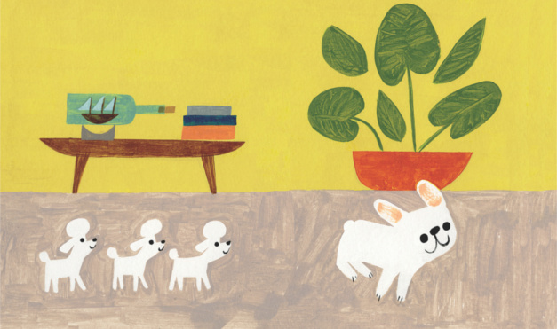 Bulldog gastón jugando con poodles en la casa. Ilustración del libro Gastón, de Kelly DiPucchio y Christian Robinson. Editorial Leetra.