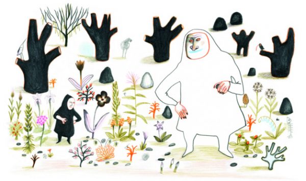 Persona gigante en medio de la naturaleza seca. Ilustración del libro Dentro de mí, de Alex Cousseau y Kitty Crowther. Editorial Leetra.