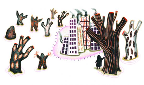 Yo en la ciudad rodeada de árboles. Ilustración del libro Dentro de mí, de Alex Cousseau y Kitty Crowther. Editorial Leetra.