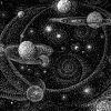 Universo, sistema solar en blanco y negro. Ilustración del libro Mi taza de té, de Dror Burstein y Meir Appelfeld. Editorial Leetra.