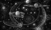 Universo, sistema solar en blanco y negro. Ilustración del libro Mi taza de té, de Dror Burstein y Meir Appelfeld. Editorial Leetra.