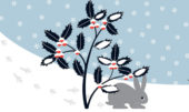 Conejo bajo el árbol, mientras nieva. Ilustración del libro Mientras te espero, de Émilie Vast. Editorial Leetra.