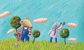 No hay señal en el campo mientras recogen manzanas. Ilustración del libro Ratón de campo y ratón de ciudad, de Andrea Petrlik y Kašmir Huseinović. Editorial Leetra.