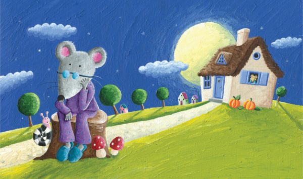Extrañando la ciudad, en medio de una noche de luna llena en el campo. Ilustración del libro Ratón de campo y ratón de ciudad, de Andrea Petrlik y Kašmir Huseinović. Editorial Leetra.