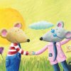 Bienvenida al campo lleno de pasto y un cielo hermoso. Ilustración del libro Ratón de campo y ratón de ciudad, de Andrea Petrlik y Kašmir Huseinović. Editorial Leetra.