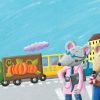 Confundido y aturdido en la ciudad llena de coches, camiones y tráfico. Ilustración del libro Ratón de campo y ratón de ciudad, de Andrea Petrlik y Kašmir Huseinović. Editorial Leetra.