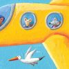 Sorprendido de la vista en el avión, con gaviota de compañía. Ilustración del libro Ratón de campo y ratón de ciudad, de Andrea Petrlik y Kašmir Huseinović. Editorial Leetra.