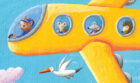 Sorprendido de la vista en el avión, con gaviota de compañía. Ilustración del libro Ratón de campo y ratón de ciudad, de Andrea Petrlik y Kašmir Huseinović. Editorial Leetra.