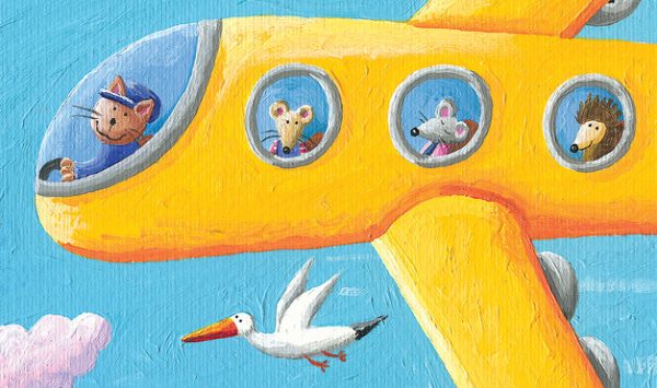 Sorprendido de la vista en el avión, con gaviota de compañía. Ilustración del libro Ratón de campo y ratón de ciudad, de Andrea Petrlik y Kašmir Huseinović. Editorial Leetra.