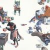 Gato cocinando, gallina bañándose, animales domingueando en departamento. Ilustración del libro Se renta departamento, de Lea Goldberg y Eva Sánchez. Editorial Leetra.