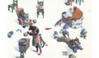 Gato cocinando, gallina bañándose, animales domingueando en departamento. Ilustración del libro Se renta departamento, de Lea Goldberg y Eva Sánchez. Editorial Leetra.