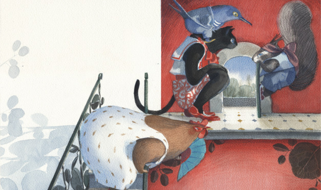 Gallina, gato y ardillas esperando en la puerta. Ilustración del libro ilustrado Se Renta Departamento, de Lea Goldberg y Eva Sánchez. Editorial Leetra.