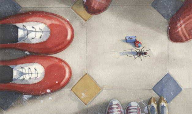 Dándole la bienvenida al nuevo inquilino, la hormiga. Ilustración del libro Se renta departamento, de Lea Goldberg y Eva Sánchez. Editorial Leetra.