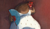 La gallina vestida con su abanico. Ilustración del libro Se renta departamento, de Lea Goldberg y Eva Sánchez. Editorial Leetra.