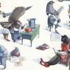 Animales pasando el día: gato leyendo, gallina cocinando otros dibujando en el departamento. Ilustración del libro Se renta departamento, de Lea Goldberg y Eva Sánchez. Editorial Leetra.