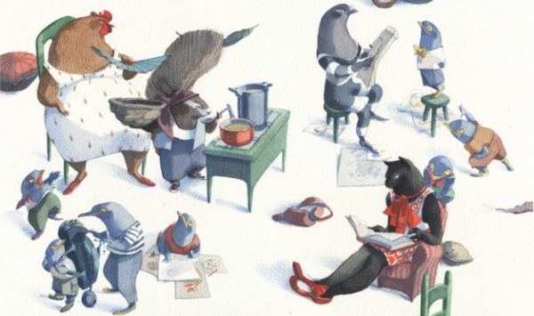 Animales pasando el día: gato leyendo, gallina cocinando otros dibujando en el departamento. Ilustración del libro Se renta departamento, de Lea Goldberg y Eva Sánchez. Editorial Leetra.