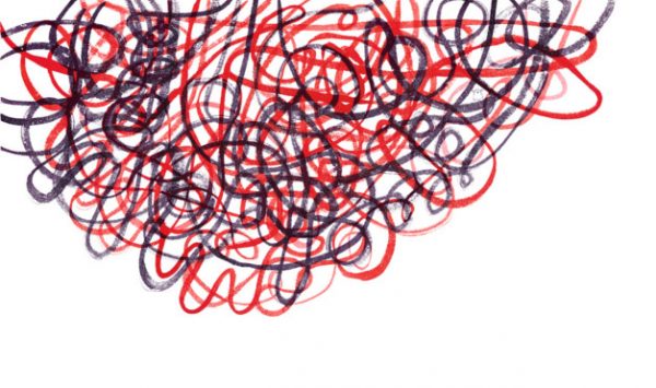 Dibujo de rayones en azul y rojo. Ilustración del libro Una historia de absolutamente nada, de Søren Lind Hanne Bartholin. Editorial Leetra.