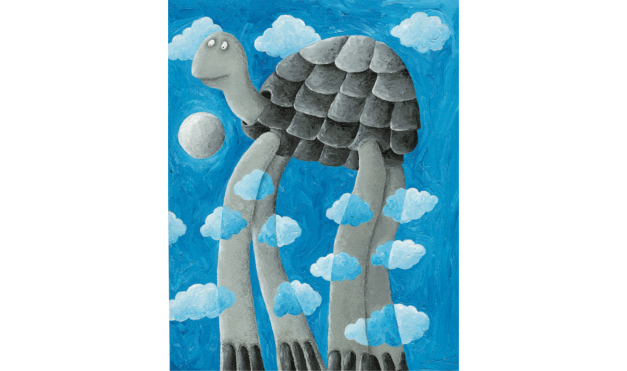 Tortuga con piernas largas en las nubes. Ilustración del libro Cielo Azul, de Andrea Petrlik. Editorial Leetra.