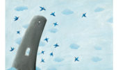 Torre alta rodeada de aves. Ilustración del libro Cielo Azul, de Andrea Petrlik. Editorial Leetra.