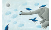 Elefante volando con aves sobre él. Ilustración del libro Cielo Azul, de Andrea Petrlik. Editorial Leetra.