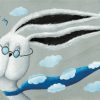 Conejo con lentes y bufanda con prisa en las nubes. Ilustración del libro Cielo Azul, de Andrea Petrlik. Editorial Leetra.