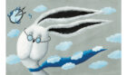 Conejo con lentes y bufanda con prisa en las nubes. Ilustración del libro Cielo Azul, de Andrea Petrlik. Editorial Leetra.