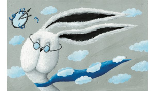Conejo con lentes y bufanda con prisa en las nubes. Ilustración del libro Cielo Azul, de Andrea Petrlik. Editorial Leetra.