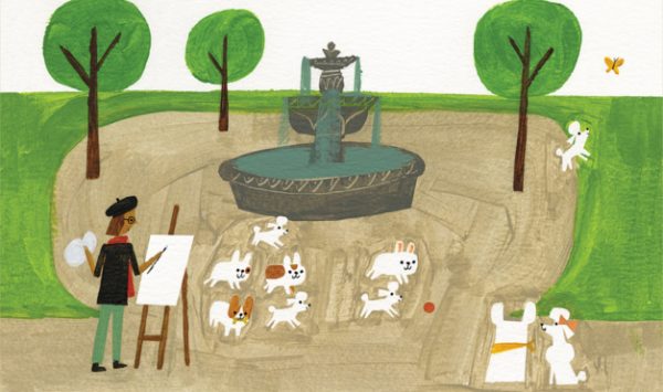 ilustración del libro Antoinette, de Kelly Dipucchio y Christian Robinson - Editorial Leetra. Perro bulldog y poodle enamorados.