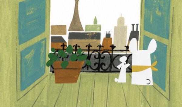 ilustración del libro Antoinette, de Kelly Dipucchio y Christian Robinson - Editorial Leetra. Perro bulldog y poodle enamorados.