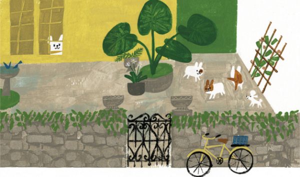 ilustración del libro Antoinette, de Kelly Dipucchio y Christian Robinson - Editorial Leetra. Perro bulldog y poodle enamorados.